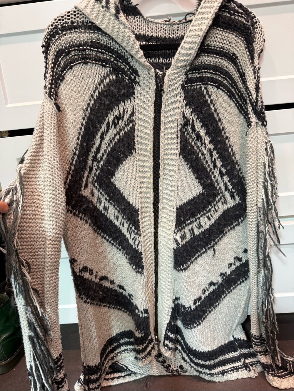 Vintage Free People Hooded Zip Cardigan Sweater with Fringe - Black & Cream
